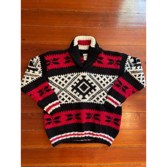 Vintage GAP Hand-Knit Wool Sweater Red Black Cream Geometric Nordic Pullover - Picture 1 of 13